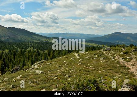 Un étroit sentier touristique traverse la pente d'une montagne douce avec une dispersion de pierres dans une vallée de montagne pittoresque par une journée d'été ensoleillée. Ergak Banque D'Images