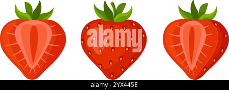 Fraises douces fraîches. Baies rouges entières et coupées en deux. Style plat tendance à la mode fraise dessiné à la main isolé pour le design. Illustration vectorielle Illustration de Vecteur