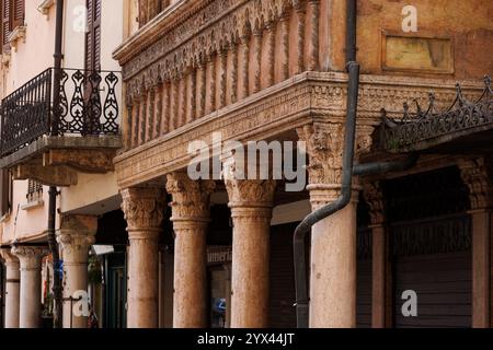 Vue sur les colonnes corinthiennes dans le portique de la Casa del Mercante historique, construite en 1455, présentant un mélange harmonieux de gothique et de Renaissanc Banque D'Images