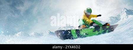 Bannière. Snowboarder vêtu d'un équipement lumineux sculptant dans la neige fraîche, mettant en valeur son habileté sportive et sa vitesse sur fond de majestueuse et enneigée Banque D'Images
