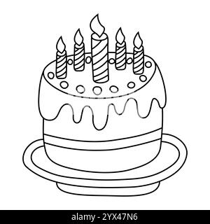 Gâteau d'anniversaire avec cinq bougies allumées sur une assiette. Illustration d'art au trait noir et blanc pour livre de coloriage. Célébration d'anniversaire et concept de fête. Desig Illustration de Vecteur