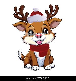 Illustration de renne mignon de Noël Rudolf. Le renne du Père Noël Rudolph. Illustrations vectorielles de renne Rudolf isolé sur fond blanc. Illustration de Vecteur