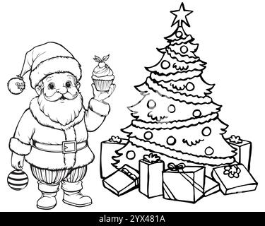 Page de coloriage de scène de rue de Noël du Père Noël. Noël Père Noël avec la page de coloration de l'arbre de Noël. Noël Père Noël avec des cadeaux. Illustration de Vecteur