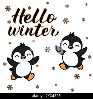 Bonjour l'hiver. Fond de texture de modèle Hello Winter. Petit pingouin et texte bonjour. Illustration vectorielle mignonne dans le style scandinave, pépinière doodle. Illustration de Vecteur