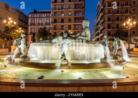 Fontaine Turia, Plaza de la Virgen, Valence, Communauté valencienne, Espagne Banque D'Images