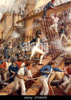 Nelson embarquant sur le San Nicolas, c1900. Scène de la bataille du cap St Vincent, le 14 février 1797, entre les Britanniques et les Espagnols. '...ordonnant au capitaine Miller de mettre la barre à tribord, [Nelson] appela les pensionnaires et leur ordonna d'embarquer. Le capitaine Berry sauta dans les mizzen-chaînes ennemies, et en peu de temps les Anglais furent en possession du navire. Extrait de "Heroes of History", par Alfred H. Miles, illustré par Howard Davie [Raphael Tuck &amp ; sons Ltd, Londres] Banque D'Images