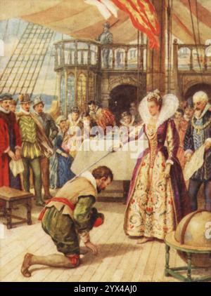 Francis Drake est fait chevalier par la reine Elizabeth, c1900. '...quand le Golden Hind était couché à Deptford, elle a rendu visite à Drake sur son navire - le premier navire anglais qui avait navigué autour du monde - et sur son propre pont lui a conféré l'honneur de chevalier'. Extrait de "Heroes of History", par Alfred H. Miles, illustré par Howard Davie [Raphael Tuck &amp ; sons Ltd, Londres] Banque D'Images
