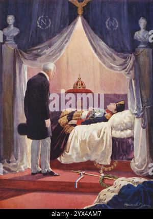 'Le duc de Wellington visitant l'effigie de Napoléon', 1925. Illustration d'un tableau de cire à Madame Tussauds, musée de cire fondé à Londres en 1835 par la sculptrice française Marie Tussaud. « C'est vraiment une exposition merveilleuse. Dans le tableau, on peut voir le véritable lit du camp utilisé par Napoléon pendant près de six ans de détention comme prisonnier d'État à Hélène, avec les matelas et l'oreiller sur lesquels il est mort, et sur lesquels il est représenté couché en uniforme de chasseur, recouvert de la cape qu'il portait à la bataille de Marengo en 1800... la ressemblance de l'empereur vient de la caste originale prise pour le retour Banque D'Images