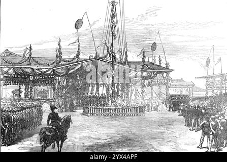 Ouverture du premier chemin de fer au Japon - résidents étrangers présentant une allocution au Mikado à Yokohama, 1872. « Notre célèbre artiste et correspondant, Mr. C. Wirgman, a envoyé deux croquis de la procédure, avec des photographies de Signor Beato... L'ouverture du nouveau chemin de fer de Jeddo [Edo] à Yokohama, qui est la première ligne construite au Japon, a eu lieu le 14 octobre... la gare ici était décorée comme la gare de Jeddo... » je suis allé en face à la voiture impériale et j'ai vu le Mikado sortir. Sa cour s'inclina devant lui, et, après une petite pause, il commença à avancer lentement... le forei Banque D'Images
