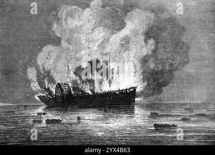 Incendie du navire America de la Pacific mail Company, à Yokohama, en 1872. '...L'Amérique, qui était arrivée ce jour-là de San Francisco, a été détruite par le feu, avec sa précieuse cargaison, et soixante ou soixante-dix vies humaines... la classe la plus basse de passagers était chinoise,... et beaucoup d'entre eux étaient à bord à l'heure où l'incendie a éclaté. La cargaison comprenait des espèces pour un montant de 1 600 000 dollars mexicains... nous sommes redevables au capitaine S. T. Bridgford, de la Royal Marine Artillery, pour un croquis de la scène... elle était dans un incendie de la tige à la poupe... avec la propagation des flammes, est venu un sauvage et percé Banque D'Images