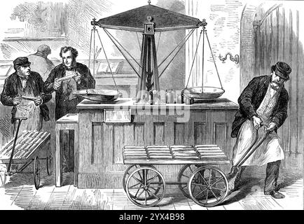 Croquis dans la Banque d'Angleterre : entrée des voûtes à lingots, 1872. 'Le Bureau des lingots, d'où est tiré le sujet de l'une des illustrations dans le journal de cette semaine, est situé dans une cour séparée sur le côté nord de la Banque, vers Lothbury... le Bureau se compose d'une salle publique, avec le trésor et la salle de pesée, et deux fortes voûtes l'une pour le dépôt des lingots, gratuitement, sauf pesée, pour la commodité publique ; l'autre pour le stock privé ou la réserve de la Banque. L'or est conservé en lingots, chacun pesant 16 livres, et valant environ £800 ; l'argent est ke Banque D'Images