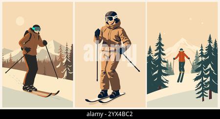 Ensemble d'affiches ski Travel dans un style rétro. Illustration de Vecteur