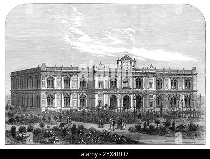 Exposition nationale péruvienne des arts et de l'industrie à Lima, 1872. Gravure d'après une photographie de Mr. V. L. Richardson. 'Le bâtiment... est d'un aspect majestueux, et se trouve dans un parc spacieux... l'architecte était un Italien, Signor A. Leonardo [sic]... le Palais des expositions est une place de bâtiments autour du patio ou cour ouverte, dans lequel est un jardin parterre, avec un stand pour les musiciens à jouer à l'heure de la promenade. Les quatre côtés du rez-de-chaussée sont occupés par la collection d'antiquités péruviennes, la sculpture, les figures de bronze, et les sculptures sur bois, la fabrication de couverts, firea Banque D'Images