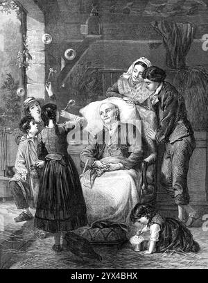 "Recollections of Boyhood", par E. Castan, 1872. Gravure d'un tableau. 'Un paysan, le vieux chef de famille... est gravement malade... sa fille aînée et son fils... ont apporté son fauteuil, et l'ont placé pour qu'il s'asseye à l'air frais et à la lumière du soleil... Pour son amusement, les jeunes... soufflent des bulles... son esprit tombe dans une rêverie d'il y a longtemps... il rêve de l'époque irréfléchie où lui aussi, quand il était un garçon, soufflait des bulles. Ensuite, à mesure que chaque sphère brillante teintée d'iris se forme, et se raréfie avec la respiration chaude des enfants, alors qu'ils flottent et se dilatent, puis disparaissent soudainement Banque D'Images