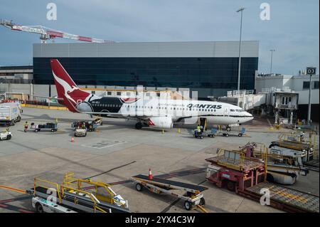02.11.2024, Melbourne, Victoria, Australie - Boeing 737-800 jet de la compagnie aérienne australienne Qantas Airways en livrée Mendoowoorrji à l'aéroport de Melbourne. Banque D'Images
