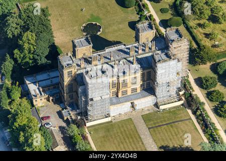 Hardwick Hall sous échafaudage, Derbyshire, 2022. Banque D'Images