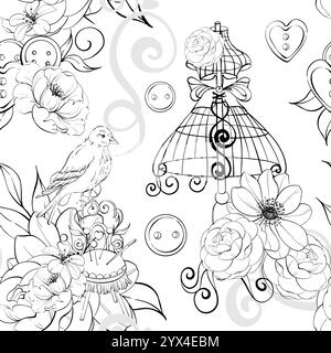 Mannequin vintage avec oiseau victorien et boucle. Arrangement floral et outils de couture - boutons, aiguilles, ciseaux. Ancienne mode, couturière sans couture Illustration de Vecteur
