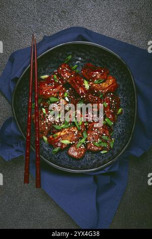 Kebab de poulet yakitori, sur une assiette, avec des oignons verts et des graines de sésame, vue de dessus, pas de gens Banque D'Images
