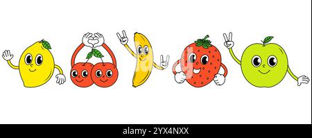 Fruits d'été. Dessins animés personnages comiques mignons citron, fraise, pomme, cerise, banane. Illustration de Vecteur