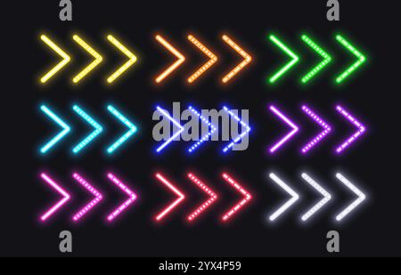 Flèches lumineuses au néon sur fond noir. Les indicateurs clignotants lumineux de différentes couleurs sont tournés vers la droite. Illustration de Vecteur