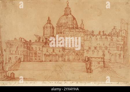 Vue de Saint Pierre (recto) ; étude d'un jeune homme (verso), 1603. Informations supplémentaires : en utilisant de la craie rouge de manière très détaillée, Federico Zuccaro a représenté la place Saint-Pierre à Rome telle qu'elle apparaissait en 1603, avec l'obélisque égyptien en place à l'extrême gauche et le dôme de l'église complet. A gauche, le palais archépiscopal jouxte l'ancienne façade de la basilique Saint-Pierre. Au centre, la loggia de bénédiction de trois étages commencée par le pape Pie II en 1462 jouxte la loggia peinte par Raphaël, légèrement esquissée à l'extrême droite. Le bastion de la garde papale protège le devant de la va Banque D'Images