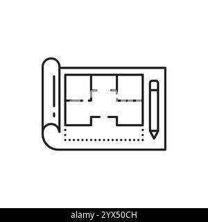 Design d'intérieur, projet de maison et plan d'architecture de maison icône de ligne vectorielle. Appartements design intérieur et architecte projet de développement icône de bluep Illustration de Vecteur