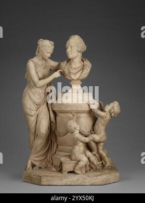 Groupe allégorique avec un buste d'architecte, 1780-1800. Informations supplémentaires : une jeune femme gracieusement posée fait des gestes vers un buste portrait qui se tient au centre d'un grand piédestal. Deux enfants tentent de grimper le piédestal tandis qu'un chien repose à l'arrière sur la base. Autour du piédestal, les attributs d'un architecte - carré en T, boussole, globe, livres et dessins - sont placés de façon désinvolte, composant une nature morte. Alors que le buste peut être le portrait d'un architecte non identifié, les autres figures sont allégoriques. Le chien est un symbole traditionnel de fidélité, tandis que les deux enfants sont des symboles Banque D'Images