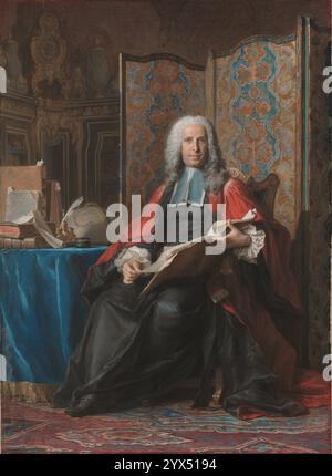 Portrait de Gabriel Bernard de Rieux, 1739-1741. Informations complémentaires : Gabriel Bernard de Rieux, le plus jeune fils d'un financier immensément prospère, porte les robes de son bureau de président de la deuxième Cour d'enquête du Parlement de Paris. D'un grand tome tenu sur ses genoux, il soulève une feuille de papier. Désireux de déclarer l'érudition, la richesse et le statut du sitter, Maurice-Quentin de la Tour place de Rieux dans son bureau, entouré d'objets à la mode et coûteux. Derrière lui se trouve un écran richement ornemental ; sur une table recouverte de tissu de velours bleu se trouvent des livres, des papiers et un inkstan Banque D'Images