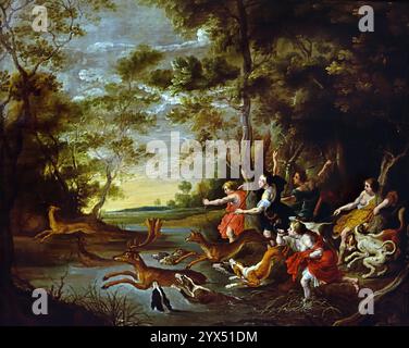 Chasse au cerf par Willem van Herp 1677-1677 Belgique Musée flamand belge des Beaux-Arts, Banque D'Images