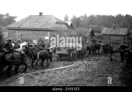 Russie 1943, chute : retraite des troupes allemandes dans la section médiane du front de l'est dans la zone des marais Pripjet entre Mogilev, Bobruisk et Rogachev pendant les combats de l'offensive russe (opération Smolensk). Les fantassins s'accrochent aux chariots tirés par des chevaux. Centre du groupe d'armées, dans la zone de la 110e division d'infanterie. [traduction automatique] Banque D'Images