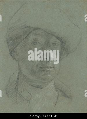 Autoportrait portant un chapeau en tissu, vers 1730-1735. Informations complémentaires : dans cet autoportrait honnête et direct apparemment réalisé pour son propre bien, Jonathan Richardson l'ancien a utilisé le papier bleu que les artistes de Venise préféraient si souvent. Dessinant tard dans sa vie, Richardson se concentra sur son visage, avec sa bouche ferme, son menton fosseté et ses yeux poucheux, plutôt que sur ses vêtements. Le bleu servait de ton moyen, avec les ombres et les contours dessinés à la craie noire et le bout brillant de son nez, les bords de ses lèvres, et son foulard mis en évidence en blanc. L'accentue de craie noire grossièrement appliqué Banque D'Images