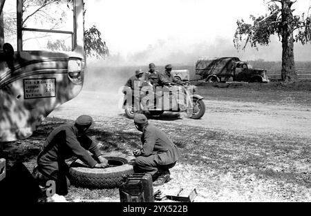 Russie, juillet 1944 : à côté de la piste Moscou-Minsk lors de la retraite allemande à proximité de l'opération russe Bagration dans la zone du Groupe d'armées Centre. Les soldats changent le pneu d'un camion de l'état-major de la 110e division d'infanterie. [traduction automatique] Banque D'Images