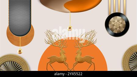affiche d'art mural 3d classique et moderne. cerf, perle, feuilles de ginkgo et lignes brunes sur fond clair. motifs métalliques noirs Banque D'Images