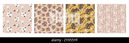 Motifs sans couture boho avec feuilles de monstera et branches de coton Illustration de Vecteur