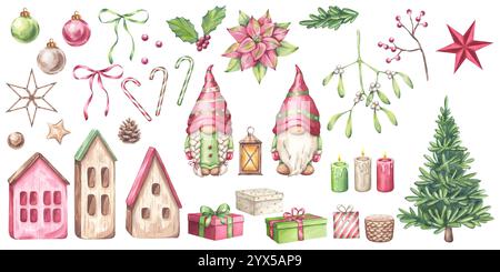 Bannière de gnomes de Noël sertie dans des couleurs rouge vert. Xmas attributs épicéa, boîtes cadeaux ballons étoiles bougies lodges canne à bonbons. Caractère du nouvel an. Main Banque D'Images