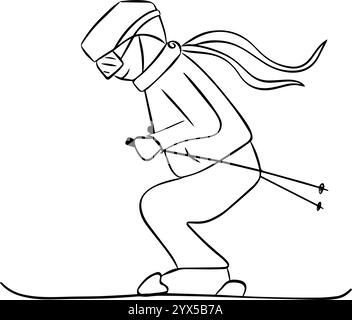 Illustration de skieur, coureur, dessin au trait graphique, fond transparent blanc. Sports d'hiver de ski de vecteur, montagnes Illustration de Vecteur