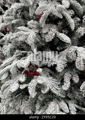 Cette photographie de jour montre une vue rapprochée de branches de pin givrées, ornées de baies rouges vibrantes et d'une petite pomme de pin. Les branches, couvrez Banque D'Images