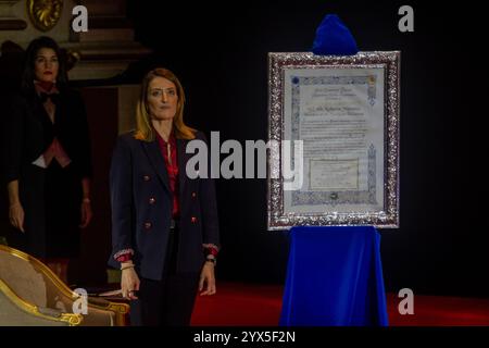 Madrid, Espagne. 13 décembre 2024. Lors de la cérémonie de remise du Prix Forum Europa 2024 à Roberta Metsola, Présidente du Parlement européen. Crédit : D. Canales Carvajal/Alamy Live News Banque D'Images