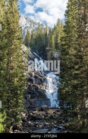 Vue panoramique sur la chaîne de Grand Teton vue depuis le lac Jenny, dans le Wyoming Banque D'Images