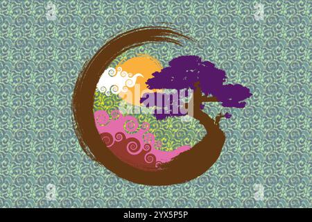 Paysage japonais sur Enso Zen Circle, Bonsai Tree et grand soleil rouge, dessiné à la main avec de l'encre colorée dans le style oriental traditionnel sumi-e, logo Vector Illustration de Vecteur