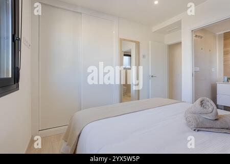 Chambre moderne avec placard intégré, salle de bains attenante, grande fenêtre pour la lumière naturelle et décor minimaliste confortable. Banque D'Images