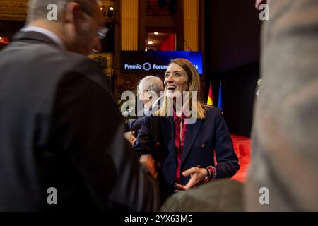 Madrid, Espagne. 13 décembre 2024. Roberta Metsola, Présidente du Parlement européen vue lors de la cérémonie de remise du Prix Forum Europa 2024. (Photo de David Canales/SOPA images/SIPA USA) crédit : SIPA USA/Alamy Live News Banque D'Images