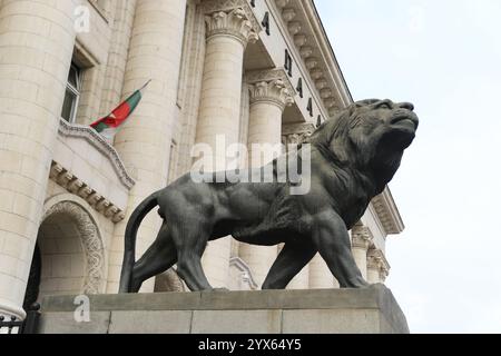 Une des statues de lion devant le palais de justice de Sofia. Banque D'Images