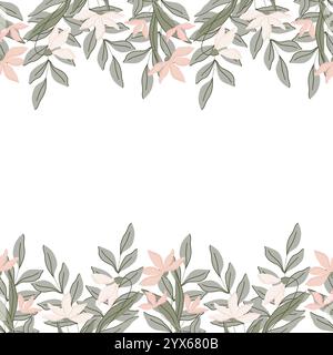 Élégante bordure sans couture avec illustration plate botanique de feuilles vertes et de fleurs rose pastel, de lis de la vallée et de gouttes de neige. Minimaliste Illustration de Vecteur