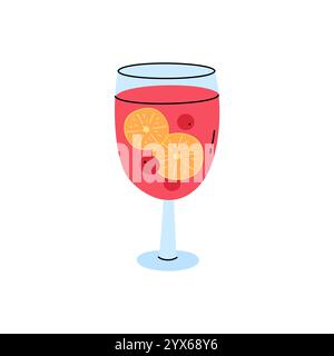 Punch boisson dans le verre avec des tranches d'agrumes et des baies de canneberge. Illustration vectorielle dessinée à la main mignonne de boisson rouge festive en verre de vin pour Noël Illustration de Vecteur