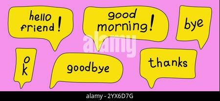Bulles jaunes avec des mots dessinés à la main et des mots écrits à la main Illustration de Vecteur