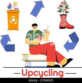 Illustration vectorielle d'upcycling présentant le processus et les techniques de réutilisation et de transformation des déchets en produits de valeur dans un arrière-plan de style plat Illustration de Vecteur