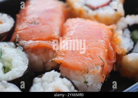 Un délicieux plateau de sushis assorti composé de saumon frais et de divers petits pains Banque D'Images
