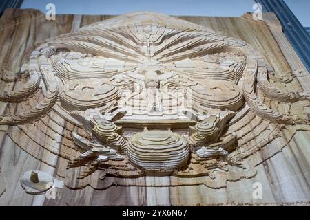 Sculpture en bois de teck d'un collage stylisé sur une machine CNC, une pièce de tête pour un navire, des animaux marins Banque D'Images