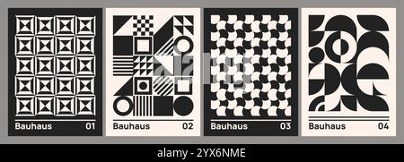 Ensemble de posters Bauhaus à la mode. Housses noires et blanches aux formes géométriques minimalistes et aux motifs rétro abstraits. Elément de conception pour Flyer. Plat Illustration de Vecteur